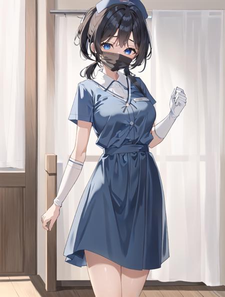 ((masterpiece, best quality, high quality)),1girl, (lower body, hospital), <lora:Old_nurse_3dg:0.5> (nurse_uniform_big, mask, nurse cap, mouth mask, nurse, surgical mask, elbow gloves), <lora:Kaede Sakata:0.7> (1girl, 3dcg 07, black hair, blue eyes, curtained hair, kaede sakata, low twintails, medium breasts, parted bangs, ponytail, short hair, solo, twintails),