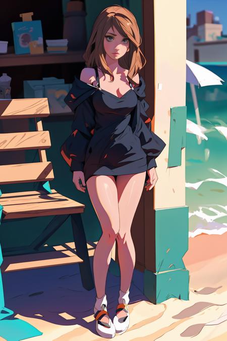 (giantress art), woman, full body shot, (on beach), best quality, extremely detailed, cinematic lighting, conysv2-10000