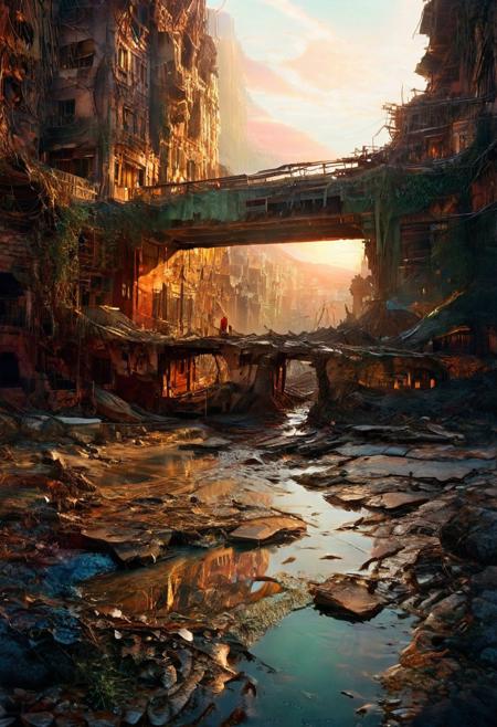 sunset, red.ancient ruined city, bridges, dip, apocalypse. rays.puddle, the fog, the mystical light, professional photography, natural lighting, volumetric lighting maximalist. intricately detailed, complex, elegant, expansive, fantastical, film photography style, light grain, medium grain, heavy grain