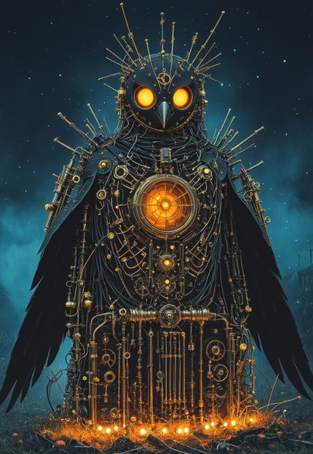 qu4ntum style, covered in (brass pipes) and (silver wires) and gold circuits, Studio Ghibli Dark Fairytale,


mechanical, intricate mechanical enhancements, robot, steam punk, clockwork, cyberpunk, crow focus, somber, orange glow, autumn, cold, misty cemetery background being overtaken by qu4ntum, black vines, night time, night sky, abandoned and silent themepark background, A calm meditative mood enhanced by the soft glow and deep shadows. Ls. industrial, honeycomb pattern etched into ground, ruins, dark, haunted, industrial,
qu4ntum