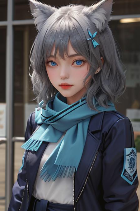 <lora:baizi_new:0.8>,upper body，1girl,shiroko (blue archive),hair ornament,extra ears, medium hair,blue eyes, blue scarf,black jacket,blue jacket, open clothes, grey hair, cat ears,, masterpiece, best quality,