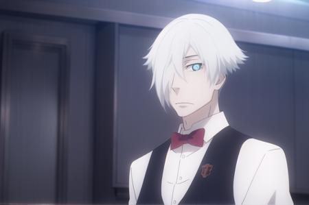 (masterpiece), high quality, highly detailed background, 1boy, solo,
<lora:DeathParadeDecim-v3-06:0.75>, ChopioDecim, white hair, short hair, hair over one eye, blue eyes, +_+, pale skin, (looking at viewer:1),
outfit_1, bartender, white shirt, collared shirt, black waistcoat, red bowtie,
standing, bar, alcohol, glass,