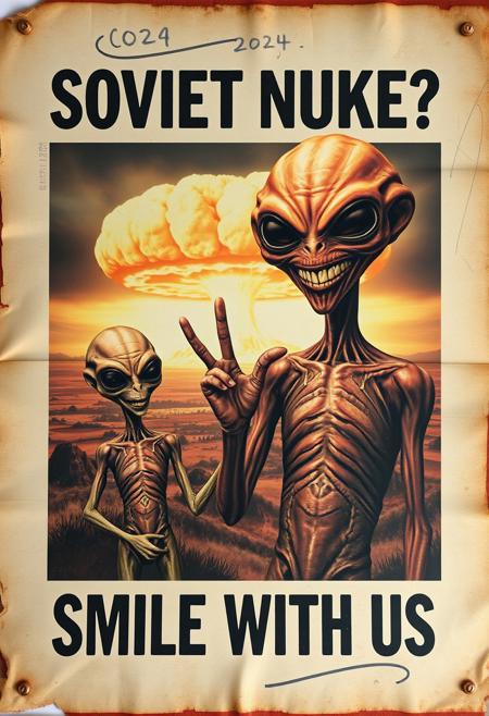 “A decayed, vintage-style poster from 2024, weathered and torn, depicting a surreal and apocalyptic scene. The faded image shows a pair of aliens—one an imposing, tall figure (the father), and the other a smaller, childlike alien (the son). The father holds the son’s hand with one hand, while making an exaggerated ‘OK’ sign with his other hand, both with unsettling, alien features. The father’s wide, mad smile radiates an eerie, otherworldly charm. In the far background, a massive nuclear mushroom cloud dominates the sky, with fiery orange fireballs at its base and visible blast waves rippling through the landscape. The poster’s bold text, ‘SOVIET NUKE?’ across the upper section and ‘SMILE WITH US’ in the lower section, is faded, smeared, and inked with scribbles and stains. The paper appears rotten, with tears, creases, and discolored edges, adding to the haunting, apocalyptic atmosphere of the piece.”