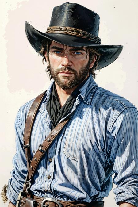 ArthurRDR, 1boy, male focus, solo, hat, facial hair, beard, cowboy hat, traditional media, blue eyes, looking at viewer, realistic, brown hair, upper body, striped, cowboy western, simple background, manly
<lora:epi_noiseoffset2:1>,  <lora:ArthurRDR:0.7>