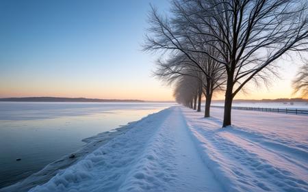 ,A serene winter morning in Jönköping, featuring the frozen shores of Lake Vättern. Snow blankets the ground, and frost clings to the trees along the picturesque waterfront promenade, with soft sunlight illuminating the icy landscape and reflecting on the tranquil waters,, sweeping landscapes, unique perspectives, epic scale, revealing hidden beauty, showcasing vastness, immersive experience, precise compositions, expert piloting, dynamic angles, cinematic storytelling, showcasing natural wonders, aerial exploration