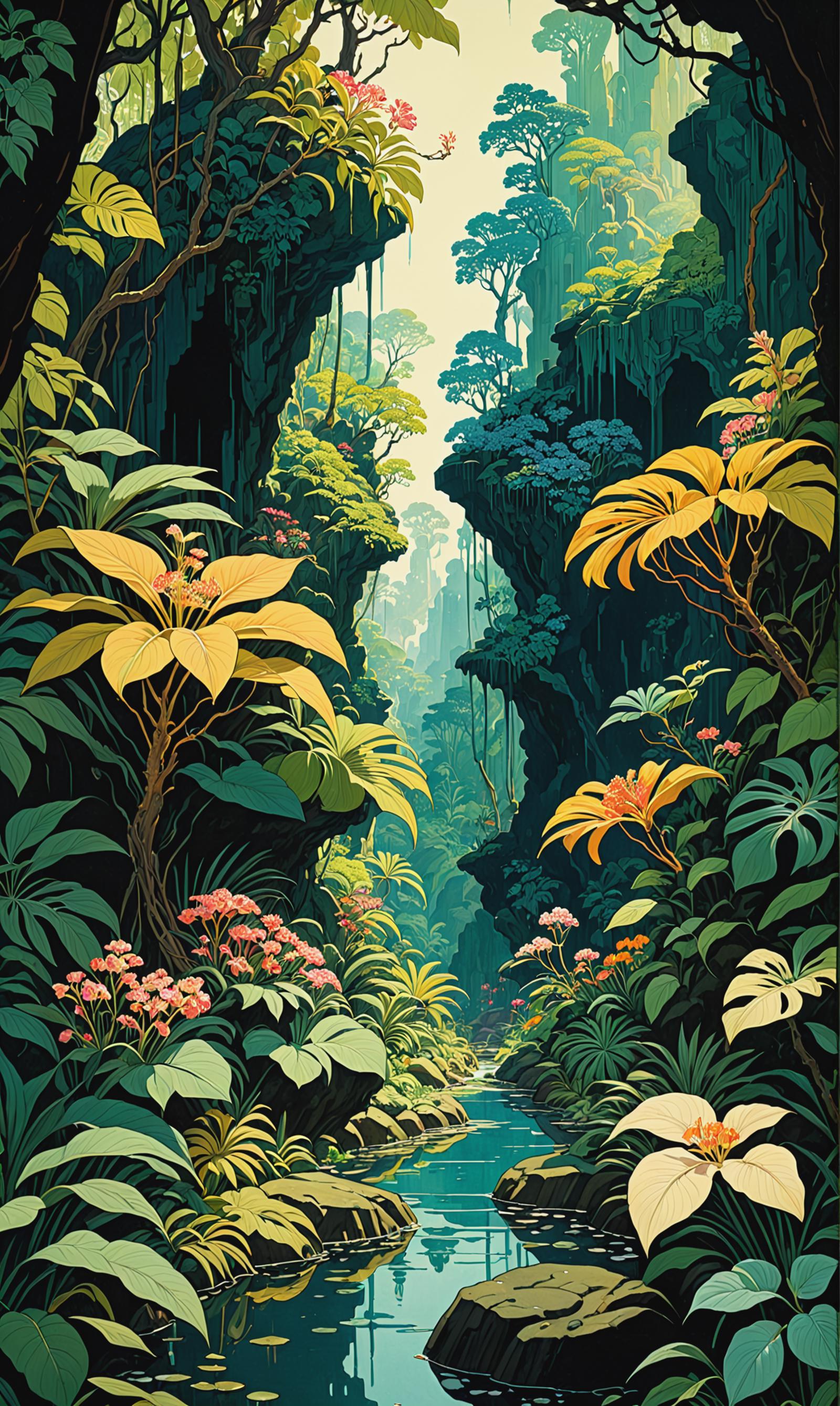 Vibrant Waterfall Scene in a Lush, Tropical Forest with Green and Yellow Plants