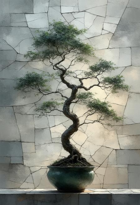 A contemplative and minimalist depiction of a silhouette shadowed bonsai tree, rendered in a fractured, stained-glass Cubist style. The scene shatters into geometric shards, revealing fragmented perspectives of the tree's delicate branches, its aged trunk, and the subtle curve of its pot, all evoking a sense of quiet resilience and enduring beauty. The palette utilizes deep charcoal greys, muted jade greens, and subtle gold accents, punctuated by bold black outlines and a soft, inner luminescence highlighting the textures of the silhouette. Photorealistic details of the bark's grain, the leavesâ fragile forms, and the pot's subtle imperfections harmonize with the abstract fragmentation, creating a compelling study of nature's artistry. Ultra detailed, 8k resolution, volumetric lighting, octane render, emphasizing the interplay of light and shadow and a sense of profound stillness.