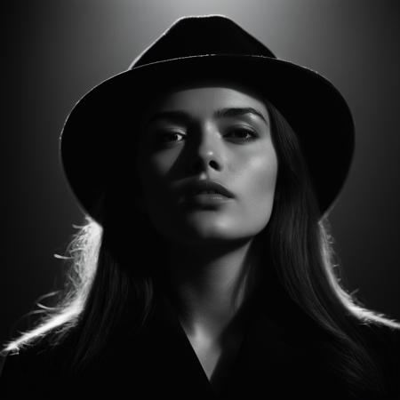 cinematic film still of  <lora:Rembrandt Lighting Style:1.2>
dramatic, cinematic, shadow, partially covered in shadow, a woman with a black hat and a black jacket Rembrandt Lighting Style, 1girl, solo, long hair, simple background, monochrome, greyscale, parted lips, mole, lips, looking up, portrait, mole under mouth, realistic, shallow depth of field, vignette, highly detailed, high budget, bokeh, cinemascope, moody, epic, gorgeous, film grain, grainy