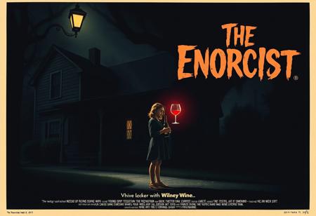 Design a parody movie poster titled The Enorcist, a humorous twist on The Exorcist. Imagine the iconic dark, eerie vibe of the original poster, but with a comical twist: instead of a demonic possession, the story is about a young girl cursed to drink wine for eternity. The poster should have an unsettling, atmospheric look, with dim lighting and shadows, similar to the original 1973 poster.
In the scene, show a girl standing under a dim street lamp outside a spooky house, holding a bottle of wine. The wine spirit possesses her, maybe symbolized by a faint aura or a sinister, red-glowing glass hovering near her. Add subtle wine-themed details (like a corkscrew or wine bottle shadow) to keep it humorous yet creepy. The title, The Enorcist, should mimic the original typography for an authentic touch.