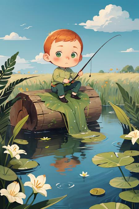 (chibi:1.2),Draw a tintin style anime simple art of a boy sitting on log and doing fishing in pond, frog on lily leaves, greenery, flowers, long fern grass beautiful sky, beautiful color palette,<lora:GoodHands-beta2:1>