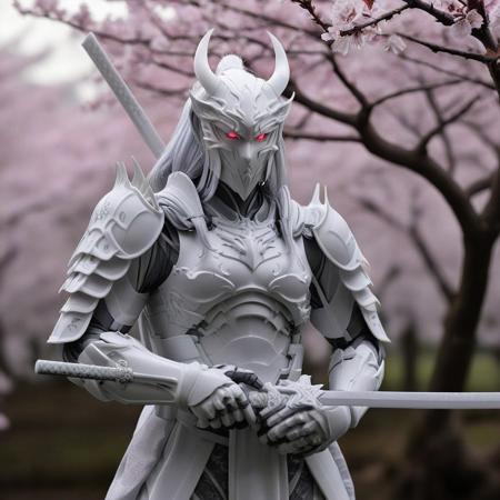 whitemold,3d printed mold,art style,greyscale,monochrome, masterpiece,(best quality), official art,extremely detailed cg 8k wallpaper, ((crystalstexture skin)),(extremely delicate and beautiful),highly detailed, WhiteMold, art style, 3d printed mold, A realistic Samurai holding a sword made of 3d printed mold, solo, armor made of 3d printed mold, 1boy, male focus, holding, dual wielding, samurai, helmet made of 3d printed mold, katana made of 3d printed mold, horns, holding weapon, japanese armor made of 3d printed mold, holding sword, light pink skin, red eyes, full body, fighting stance, Tokio background, tokio, Sakura tree, cherry blossom tree, tree made of 3d printed mold, glowing, glowing eyes, sheath, standing, gloves, teeth, japanese clothes, white hair, shoulder armor, demon, looking at viewer, mask made of 3d printed mold, ponytail, fangs, sharp teeth, 3d printed mold shape armor