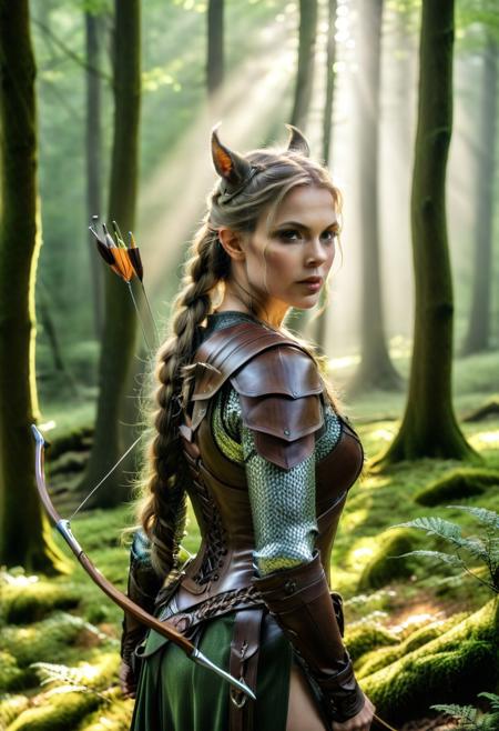 score_9, score_8_up, score_7_up, score_6_up, score_5_up, score_4_up, (absurdres, best quality, masterpiece:1.4), illustration, photorealistic, cinematic lighting, dynamic angle, perfect composition, long braid, leather armor, bow and arrow, pointed ears, green eyes, forest background, sun rays, mossy ground, dappled light, foggy atmosphere, mystical