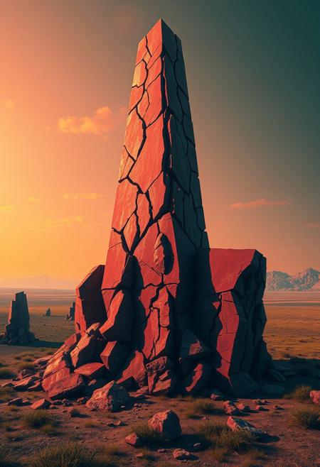 recursive fractures across the obelisk, (bad composition:-1.3), (polished:-1.3), saturated earthy tones of red, (emphasis on chaotic geometric obelisk forms:1.6), dystopian vibe, photorealism, brutal and irregular structure, savannah, sculptural and chaotic, sharp and jagged surfaces, intersecting planes of twisted stone and landscape, (disjointed anatomy:-1.3), warped shadow forms, multichromatic oil pastel hues scattered across the surfaces, flowing yet jagged surfaces, twisted angular edges, chaotic geometry in stone, intricate and uneven fractal patterns, fractured terrain with shifting geometry, irregular polygonal faces, (blurry:-1.2), fragmented and distorted geometric structure, minimal organic details, (low quality:-1.2), glowing light from the horizon, unsettling, vibrant and distorted colors reflecting in the sunlight, (ugly:-1.3), (cartoonish:-1.1), (smooth surfaces:-1.4),obelisk, (noisy:-1.1), orange, yellow, (overly ornate:-1.5), high resolution