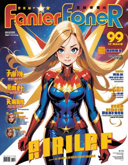 Visualize a bold and striking cover for a fan-made comic magazine with Captain Marvel as the centerpiece. She stands powerfully at the forefront, her suit's iconic red, blue, and gold colors are vivid against the stark white background of the cover. Her posture is confident and heroic, a slight smirk on her face as she looks off into the distance, her hair flowing dynamically as if caught in a cosmic wind. Above her, the title 'FancyFrontier' is emblazoned in a futuristic font that exudes adventure, and the number '99' sits prominently alongside the title, signifying the edition of the issue. The entire composition captures the essence of Captain Marvel's strength and the excitement of the Fancy Frontier fandom, <lora:twanimax:0.7>,