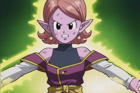 chronoa, potara earrings, orange hair, pointy ears, black eyes, colored skin, purple skin,