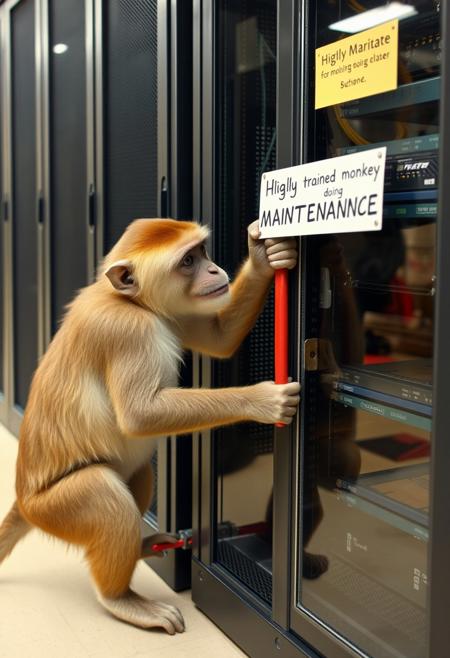 a monkey hitting a server rack with a wrench, the pow is behiad a glass door and a sign on the pommel recite "Higly trained monkey doing MAINTENANCE"
