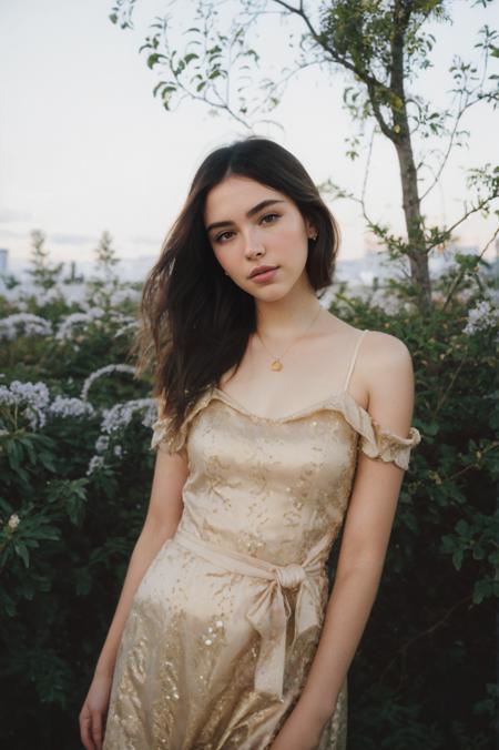 futuramadison9775v5, Portrait of pretty young (18-year-old) pale milky white skin Caucasian woman ((Leaning against a tree, one knee slightly bent, exuding natural beauty.:1.07)), outdoor, BREAK (brunette Faux bob with loose curls: A faux bob hairstyle created by tucking and pinning the longer hair under, with loose curls framing the face for a feminine and glamorous effect.), no makeup, long dainty necklace, ((classy and elegant Lilac tulle dress with sequined bodice and plunging neckline - ethereal and enchanting.)) , <lora:epi_noiseoffset2:1> BREAK (magazine cover:1.10), BREAK (masterpiece, extremely detailed skin, photorealistic, heavy shadow, dramatic and cinematic lighting, key light, fill light), sharp focus, BREAK location is (outdoor The Northern Lights (Aurora Borealis)), <lora:InstantPhotoX3:0.7>, <lora:ClothingAdjuster3:-0.7>