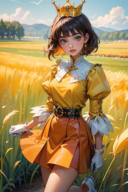 masterpiece,best quality, 1girl, cowboy shot, yellow top with puffed sleeves and an orange skirt, white gloves, yellow shoes, and a crown with orange detailing, bangs, grass, in a field,
<lora:add_detail:0.4>,