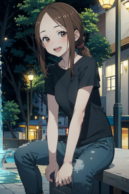 best quality, (masterpiece:1.2), detailed,
<lora:chara_KarakaiJouzu_Takagi-san_v1:0.8>, takagi-san adult,
1girl, solo, open mouth, smile,
brown hair, brown eyes, parted bangs, ponytail,
black shirt, jeans, pants,
sitting, looking at the viewer,
city, street, fountain