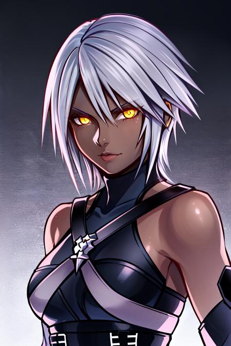 aqua \(kingdom hearts\), 1girl, absurdres, aura, nomura tetsuya,  corruption, dark-skinned female, dark aura, dark skin, detached sleeves, glowing, glowing eyes, grey background, grey hair, yellow eyes, highres, kingdom hearts, kingdom hearts iii, looking to the side, serious, short hair, solo, upper body

<lora:aqua:0.60>  <lora:nomura_tetsuya:0.3>