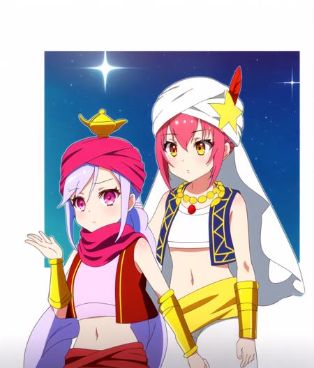 NiizumaYae arabian;  OtoriKokona arabian;  multiple girls, 2girls, cowboy shot, magic circle,   magic lighting,   (white background, simple background),
 arabian clothes,  baggy pants, veil, jewelry vest, pants, turban, star (sky), braid, towel on head, hand on shoulder, starry sky, 
 <lyco:worlddaistar-step-40000:1.0>