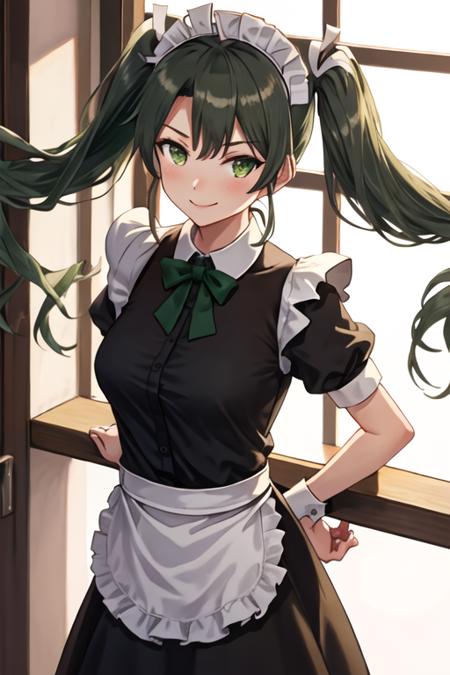 best quality, masterpiece, highres, solo, {maid:1.40}, {long maid dress:1.15}, {zuikaku_kantaicollection:1.15}, long_hair, twintails, ribbon, hair_ribbon, green_hair, green_eyes, smile, white_ribbon