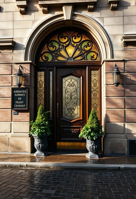A beautifully lit and composed professional high resolution photograph of a grand Parisian doorway, art nouveau, wet cobblestones, early morning light, after the rain, weathered bricks and wood, intricate leaded glass, stately potted plants guard the door