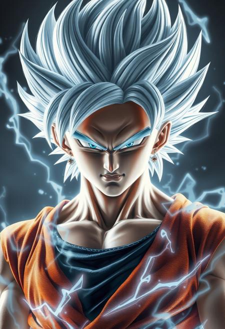 A realistic lifelike full body portrait of Goku in ultra instinct mode reimagined as a real person.   with silver & white hair, silver aura around his body, intense look
