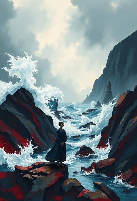 A marine landscape painting in rich burgundy and deep blue, depicting an elongated figure in an ethereal pose against a dramatic coastal scene. Towering waves crash on rugged rocks, ocean spray fills the overcast sky, deep green and blue tones dominate.  A solitary fisherman with refined features stands, conveying a contemplative mood. The dynamic brushwork uses a naturalistic palette, creating a majestic atmosphere.