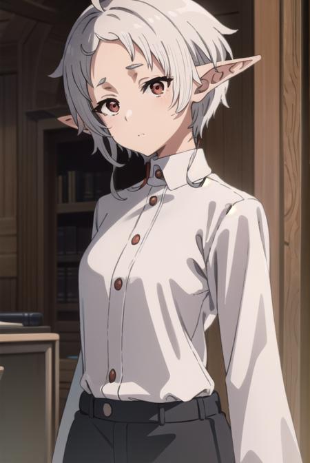 sylphy, <lora:sylphys2-lora-nochekaiser:1>, 
sylphy, short hair, ahoge, white hair, pointy ears, (red eyes:1.5), elf,
BREAK long sleeves, boots, pants, uniform, shirt, (white shirt:1.5),
BREAK indoors, library,
BREAK looking at viewer, (cowboy shot:1.5), 
BREAK <lyco:GoodHands-beta2:1>, (masterpiece:1.2), best quality, high resolution, unity 8k wallpaper, (illustration:0.8), (beautiful detailed eyes:1.6), extremely detailed face, perfect lighting, extremely detailed CG, (perfect hands, perfect anatomy),