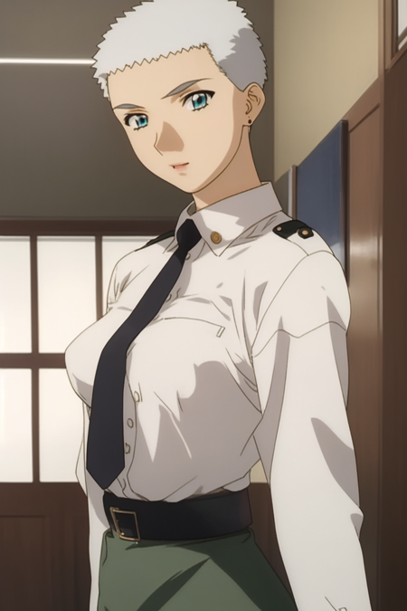 yayoi_schwael, blue eyes, grey hair, very short hair, short bangs, earrings, 1girl, solo, military uniform, necktie, white_collared_shirt, long_sleeves, brown stockings, black belt, green_pencil_skirt, cowboy shot,