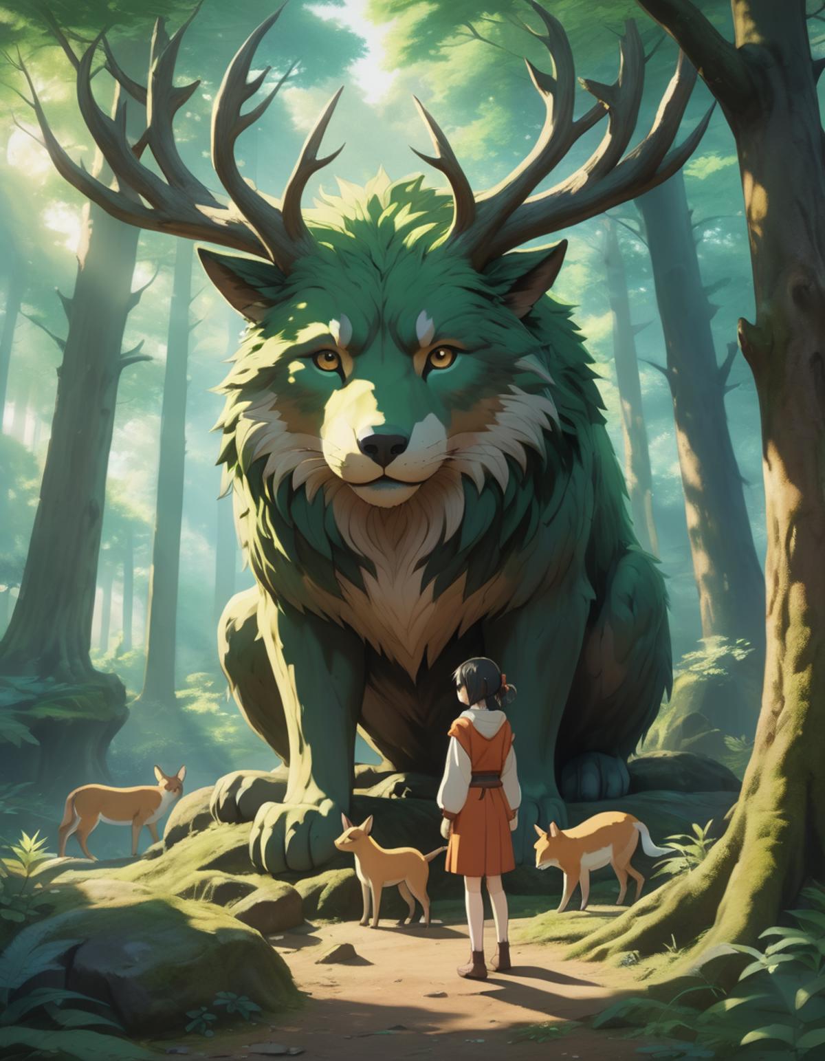 A large green monster with horns sits in the forest, surrounded by small deer.