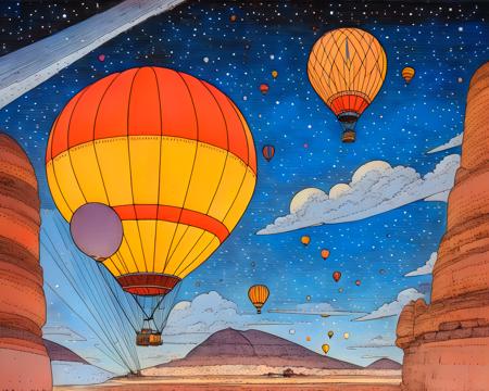 A painting of a vintage intricate hot air balloon made out of junk flying against a blue starry night, by WASMoebius