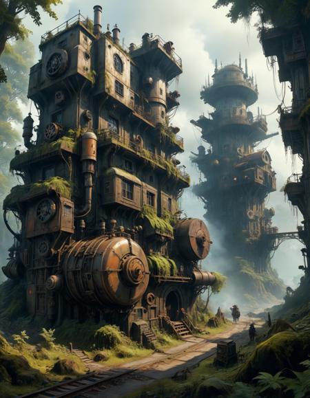 A hidden fairy city, gleaming with magic, mystical, secretive, within an ancient forest, (Diesel punk, interwar period aesthetics, industrial revolution, war machines, pulp adventure, gritty realism:1.3) <lora:xl_more_art-full_v1:0.5> <lora:add-detail-xl:1> <lora:RMSDXL_Creative:2>