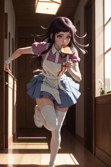 tsumiki mikan, mole under eye, purple / black hair pink shirt, puffy short sleeves, white apron, blue skirt, bandaged leg, bandaged arm