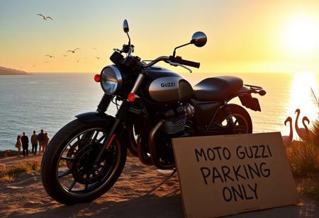 “A twin-cylinder Custom Cruiser Moto Guzzi motorcycle is parked along the scenic coast of Santa Barbara at sunset. The bike sits proudly on a cliffside overlooking the ocean, with a golden sunburst casting a warm glow across the sky. Seabirds glide above the serene blue waters, and a small group of people stands nearby, their silhouettes softly illuminated by the setting sun. Off to the side, a couple of flamingos stand near tall grasses swaying in the breeze. A weathered cardboard sign is propped up next to the bike, with the words ‘MOTO GUZZI PARKING ONLY’ handwritten on it, adding a touch of personality to the scene.”