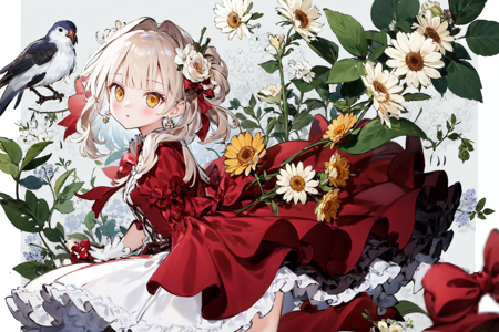 best quality, masterpiece, extremely detailed, detailed background, best quality, masterpiece, extremely detailed, detailed background, 1girl, dress, flower, long hair, ribbon, white dress, white background, red ribbon, hair ornament, rose, bow, crown, red footwear, solo, gloves, jewelry, white gloves, red flower, white flower, red bow, earrings, hair flower, frills, frilled dress, simple background, food, bouquet, looking at viewer, white hair, high heels, yellow eyes, bird, fruit, red rose, cup, blush, bangs, close up