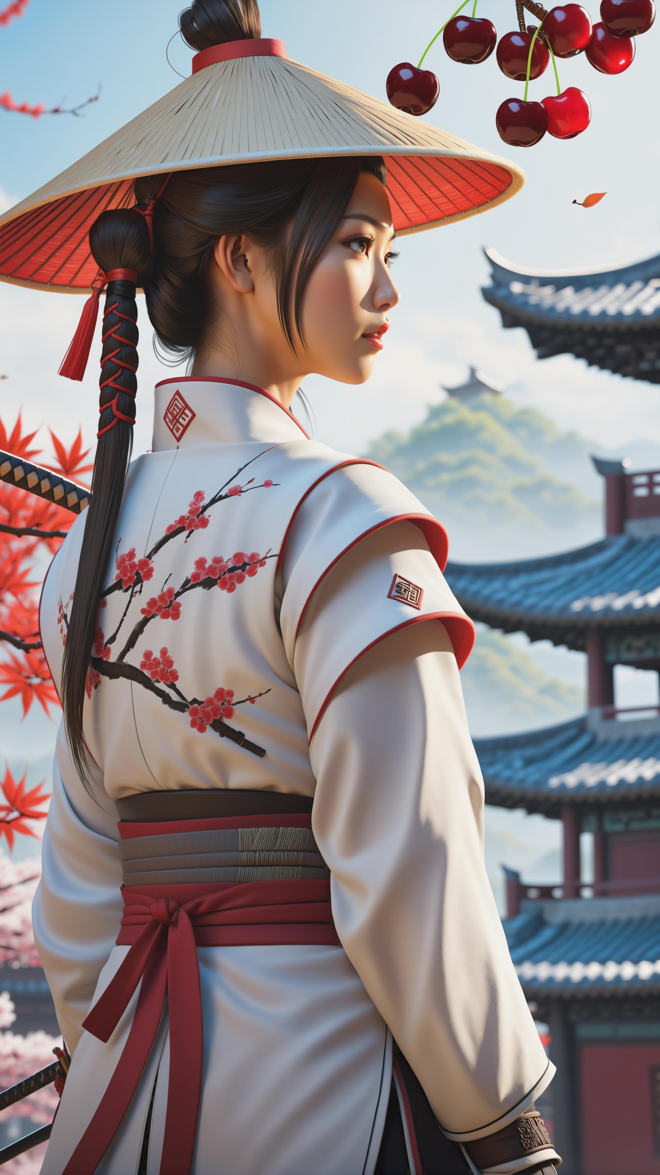 Anime Character with Pink Hair and Red Scarf, Standing in Front of a Chinese Temple
