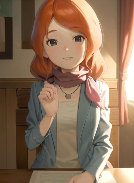 best quality, (masterpiece),(ultra-detailed), (high quality), (high resolution), <lora:clairef-10:0.85>,1girl,orange hair, chair, claire foley, hairclip, indoors, jacket, jewelry, long hair, necklace, scarf, skirt, sleeveless, smile, upper body, variations, braid, hair over shoulder,