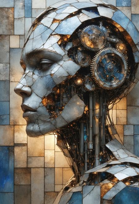 Construct a photorealistic rendering of a colossal, decaying automaton, fractured into stained-glass facets. Multiple perspectives collapse into a single, complex composition, with gears, pipes, and limbs rendered as geometric shards radiating a faint, ethereal glow. The color palette employs deep copper, tarnished silver, and sapphire blue, emphasizing intersecting lines and fragmented forms. Integrate subtle photorealistic details within each glass facetathe texture of aged metal, the glint of internal mechanismsato create a compelling blend of abstract geometry and tangible history, evoking a sense of lost purpose and mechanical melancholy.