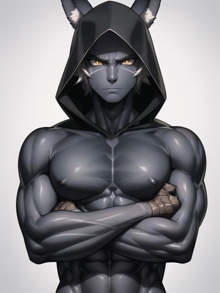 (T-shirt hood crossed arms, arms, muscle muscular Macho large pectorals abs veins, veiny_arms, veiny_hands, veiny_belly, veiny_breasts, dark_skin, upper_body), eyes_glittering, detailed_eyes, beautiful_and_delicate_eyes, anime_face, panning_photography, high-quality 8k ultra-resolution, face_like_game_character, character_design, best_quality, shirt, short_hair skindentation, (solo male, detailed_eyes streaked_hair), (wolf_ears), male_focus, short_hair, toned, toned_male