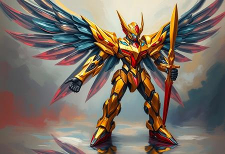 A surreal oil painting in the style of Raphael, depicting a Power Angel Valkyria robot, resplendent in gold and black with vibrant red and blue highlights. The robot stands with powerful, extended limbs in a dynamic action pose, a symbol of strength embodied by the sword in its right hand. Its large head with a glowing red visor is the focal point. The background is a fluid, merging Dream Mirror of Joy, painted with sweeping brush strokes and harmonious, Stunning Colors, creating a dreamlike and attractive backdrop that reflects the robot's presence. The composition utilizes a Creative Angle and Isometric perspective. 4K, Exceptional Quality, More Detail, Lifelike Details, Super Detailed Face and Eyes and Clothes, Handcrafted with Precision, High Quality, Sharp Lines and Brush Strokes, Multi Colored, Contemporary Aesthetics, Beautiful Matte Painting, Impeccable Composition, Balanced Editing, Intentional Focus, Well-timed Moment, Captivating Lighting, Grammer Effect Style, Splash Ink Illustration, Octane Render, Unreal Engine 5, Houdini Style, Vivid Emotions, Joyful Impact, Powerful Message, Beautiful Detailed Eyes, CGSociety, Artstation Trending on ArtstationHQ, Golden Ratio, trending on artstation, very very detailed, masterpiece.