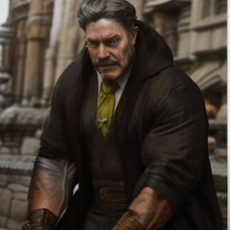 1man, middle-aged man, handsome, redefined, muscular body, wearing Black Hoodie, HD, High Quality, 4k Resolution, hannemanFE, gloves, long sleeves, necktie, coat, beard, mustache, monocle, muscular