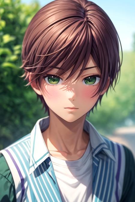 masterpiece, best quality, photorealistic, 1boy, solo, male focus, looking at viewer, upper body, depth of field, anime coloring, realistic, <lora:shinya_momotsuki:0.74>, shinya_momotsuki, brown hair, green eyes, , , stream,