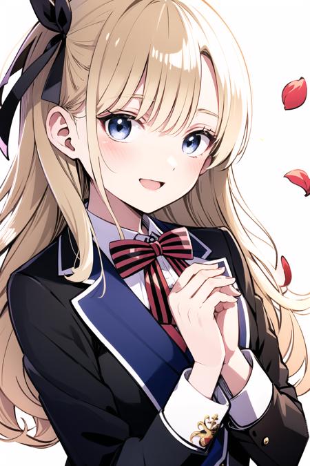 Juliet Persia, 1girl, solo, blonde hair, long hair, petals, bow, striped bow, holding, looking at viewer, cross, white background, jacket, ribbon, striped, blush, upper body, bowtie, hair ribbon, school uniform, simple background, black ribbon, open mouth, blazer, long sleeves, striped bowtie, bangs, blue eyes, smile, red bow, own hands together, white jacket, shirt, frills, grey eyes, red bowtie, black bow, hair bow, <lora:Yousuke Kaneda:0.8>