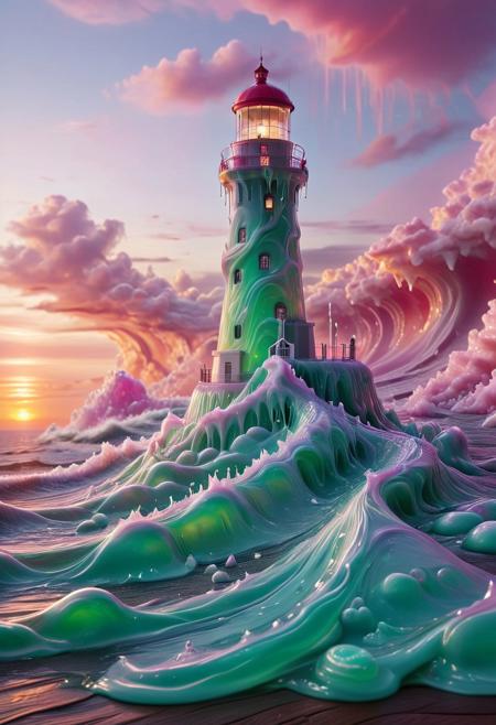 detailed, realistic, 8k uhd, high quality, masterpiece,
Sl1m3d, slime-morph, slime lighthouse, sunset, wave, pink clouds