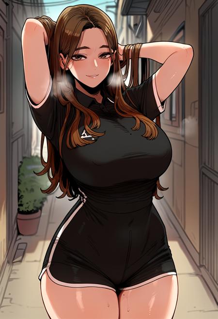 long hair, brown hair, brown eyes, mole under eye blonde hair black shirt, short sleeves, polo shirt, sportswear, black shorts, short shorts black jacket, white shirt, collared shirt, black necktie, pencil skirt, black skirt