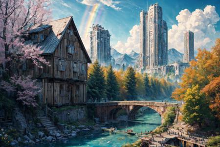 (RAW photo, 8k uhd, Analog style, Masterpiece, Best Quality, Highres:1.4), (dramatic, cinematic:1.2), BREAK,
movie shot of colorful hyperdetailed fantastic fantasy mysterious magic landscape, above clouds, (medieval elven fantasy (village:1.35), (steampunk:1.05) (peasant:1.15) (robots:1.1) (crowd:1.35), playing (little steampunk (girl:1.25):1.1), (farm:1.31), (lake, (river:1.14):1.15), (bridges:1.4), (waterfalls:1.35), (boat:1.4), (dock:1.1), (cliff:1.35), road, (green:1.05) valley, (flowers:1.2), (maple trees:0.65), (green:1.05) (fields:1.3), (fences:1.3), (snowy:1.17) (pines:1.1), (pink:1.0) (flowering tree:1.12):1.22), BREAK,
((mountains:1.22), (futuristic:1.15) (overgrown:1.27) (skyscrapers:1.53) (ruins:1.35), (market, water wheel, castle:1.14), (colorful houses:1.2), birds, stairs, spaceport, ((bright morning sun daylight:1.05) rainbow pure (blue:1.05) sky, glowing:1.05), starry, crescent, meteor, ((fluffy cloud:1.2), godrays, light particles:1.05), various seasons, steam, smokes:1.2), BREAK,
(photorealistic:1.2), (intricate:1.3), (light theme:1.3), (inspiring joyful atmosphere:1.2), (fabulous, fantasy, mysterious, science fiction, post-apocalypse, incredible, amazing, happy, sunny, pastoral, esoteric, antique:1.2), (hyperdetailed, absurdres:1.2), (colorful, saturated:1.4), colorful lighting, BREAK,
<lora:more_details:1>,