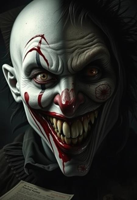 A chilling and dramatic portrayal of a split-faced character, merging two contrasting personalities into one haunting visage. One side is pale, with a sinister grin and crimson smears resembling blood, evoking a macabre, clown-like appearance. The other side is shadowy, dark, and monstrous, with sharp teeth bared and wild, tangled hair suggesting a primal or demonic nature. The background is dim, with faintly visible papers or documents adding an air of mystery and unease, amplifying the disturbing duality of the character.
