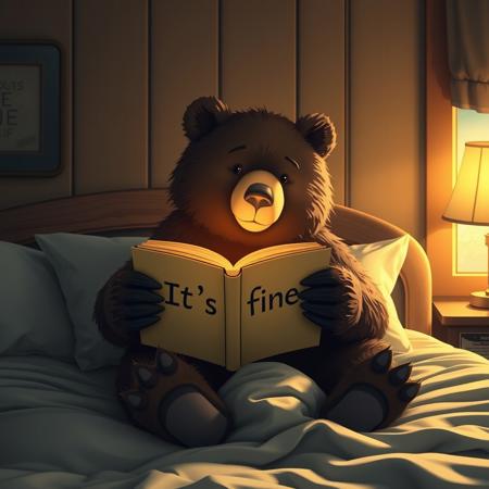Bear sitting on bed reading book titled "It's fine", room burning, warm hues, realistic, photorealism, hd, 8k, high definition, score_9, score_8_up, score_7_up, score_6_up,
